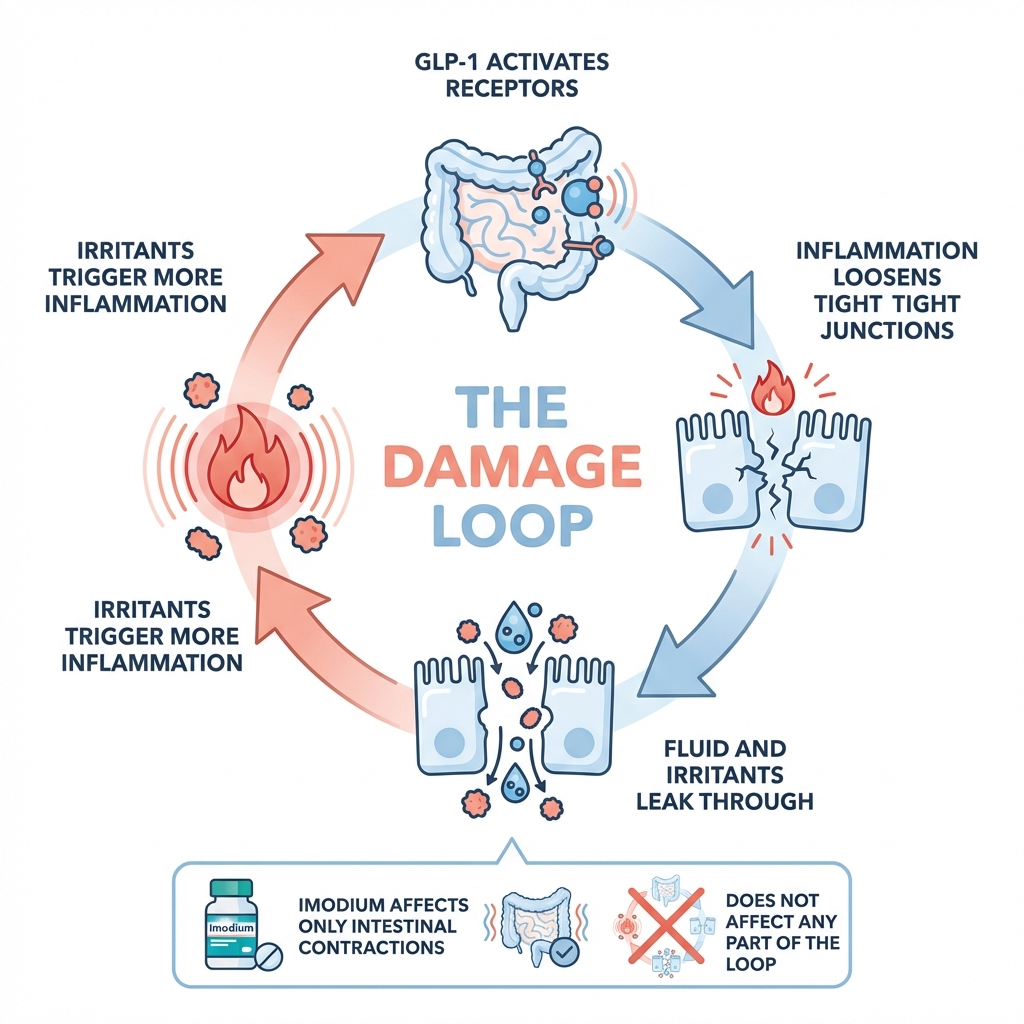 The Damage Loop: GLP-1 activates receptors → inflammation → tight junctions degrade → irritants leak through → more inflammation