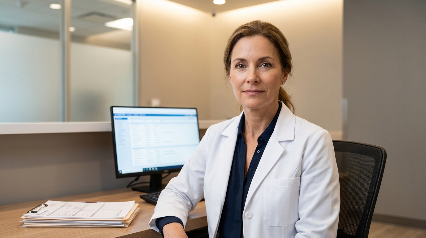 Dr. Rebecca Marsh, board-certified gastroenterologist, in her clinic office