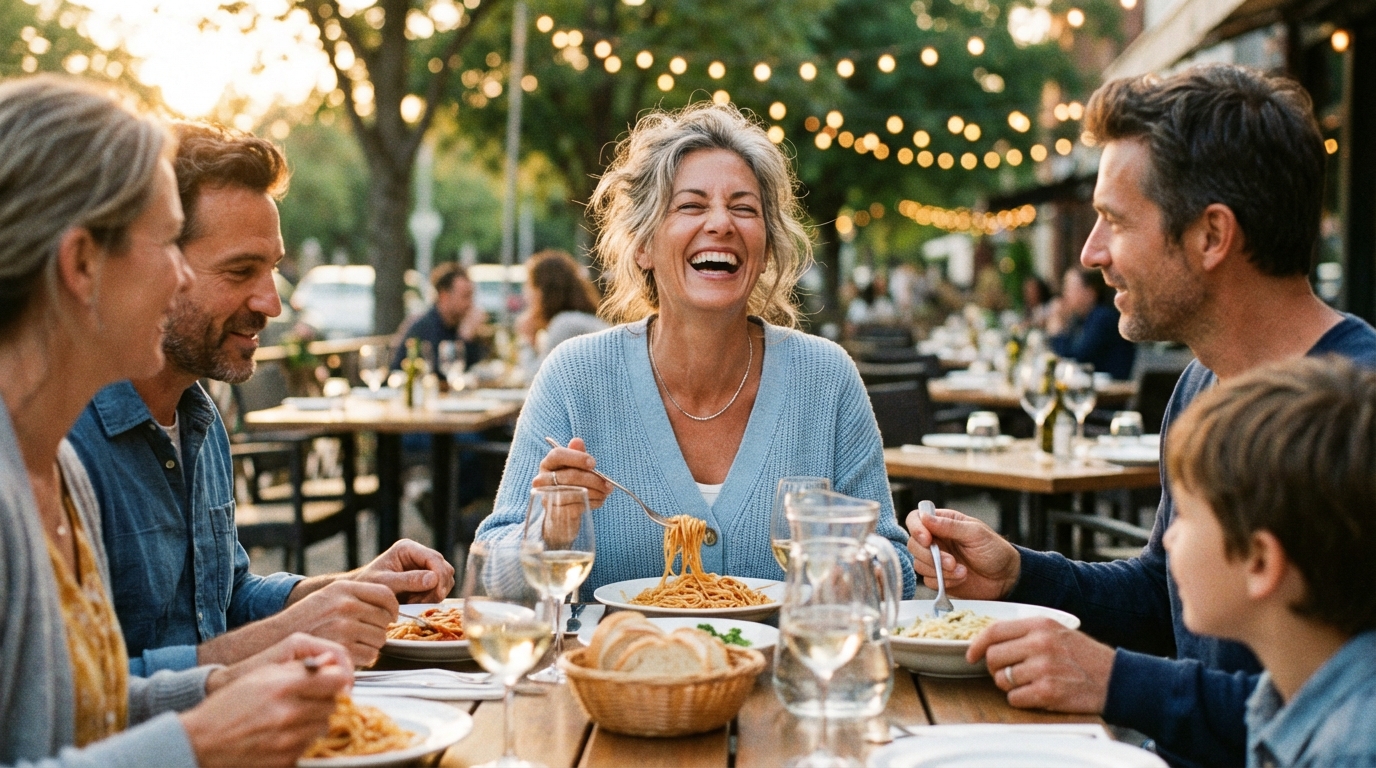 Woman in her late 50s laughing at an outdoor restaurant table with family — relaxed and present