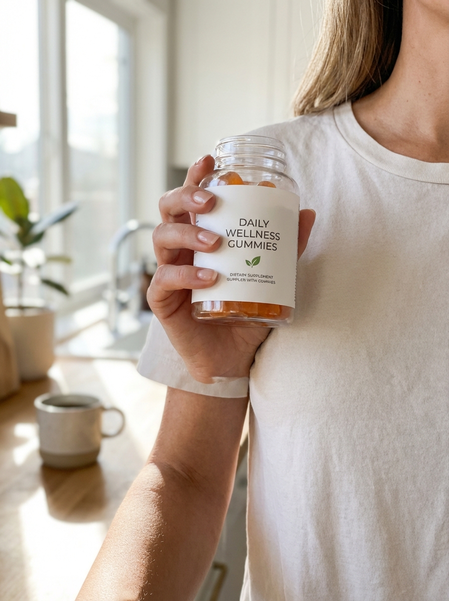 Woman holding Motilli bottle — calm, resolved expression